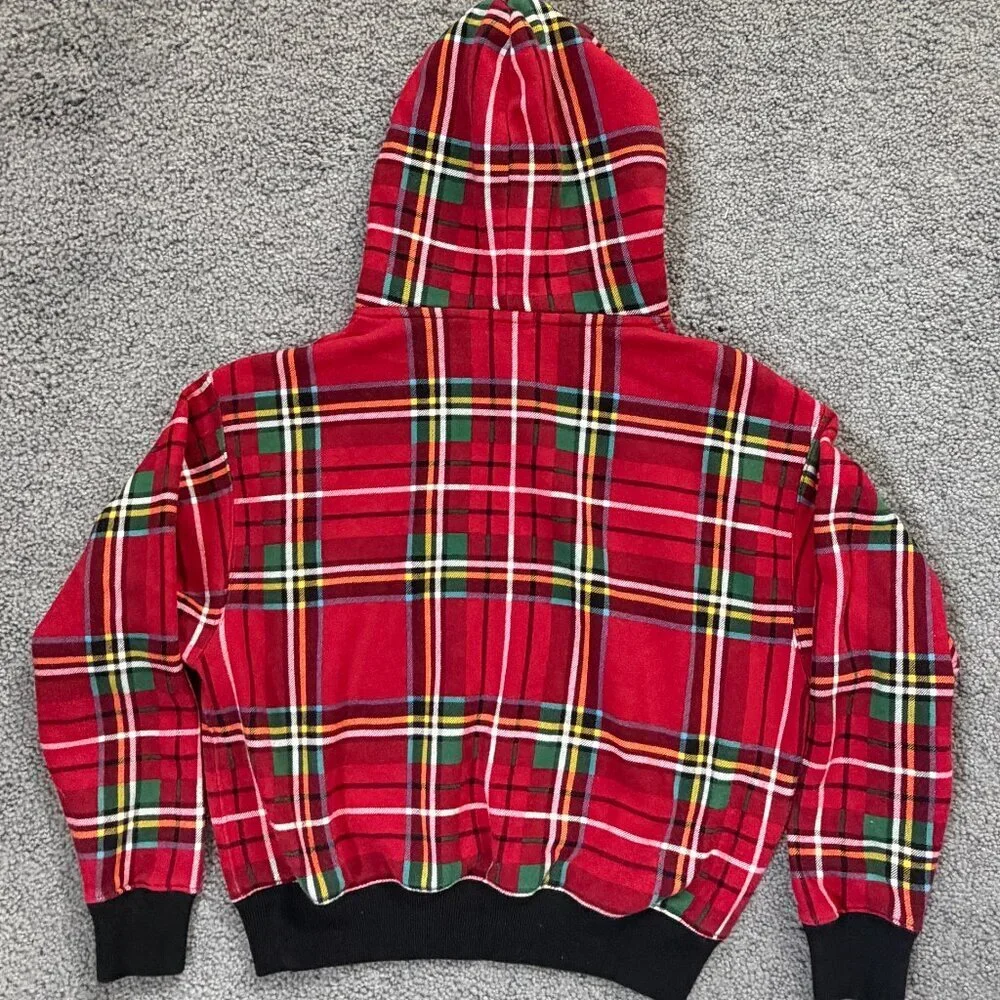 Polo Ralph Lauren Red Plaid Tartan Fleece Hoodie Pullover in Men's Sz. XS - EUC